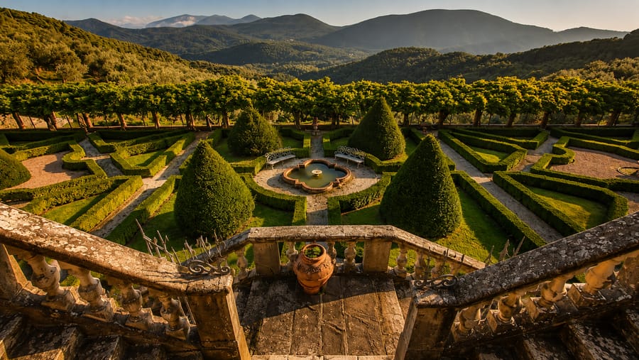 Il giardino all'italiana dalla balaustra, con la fontana