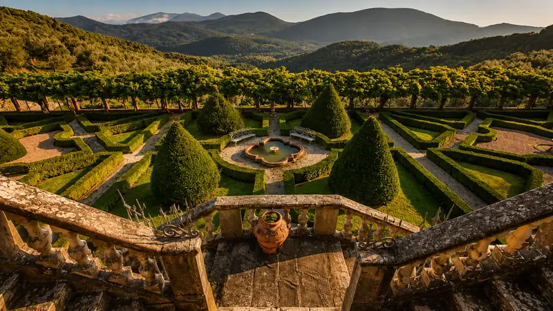 Il giardino all'italiana dalla balaustra, con la fontana