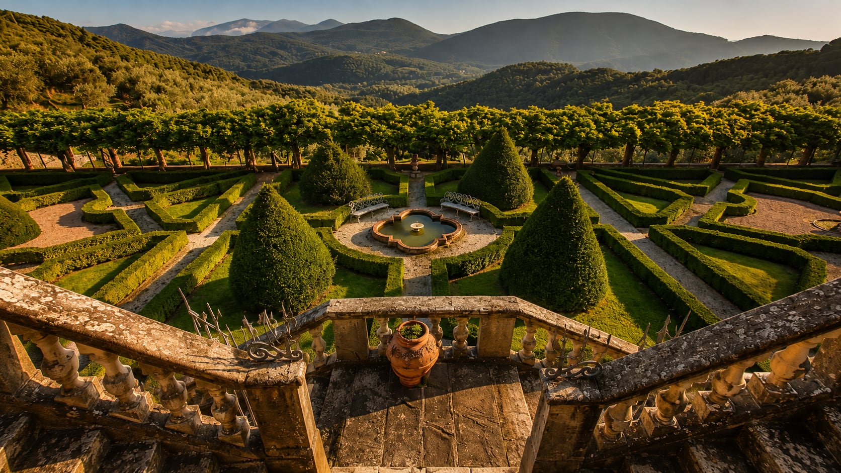 Il giardino all'italiana di Villa le Molina visto dall'alto, con la fontana al centro e le colline pisane sullo sfondo