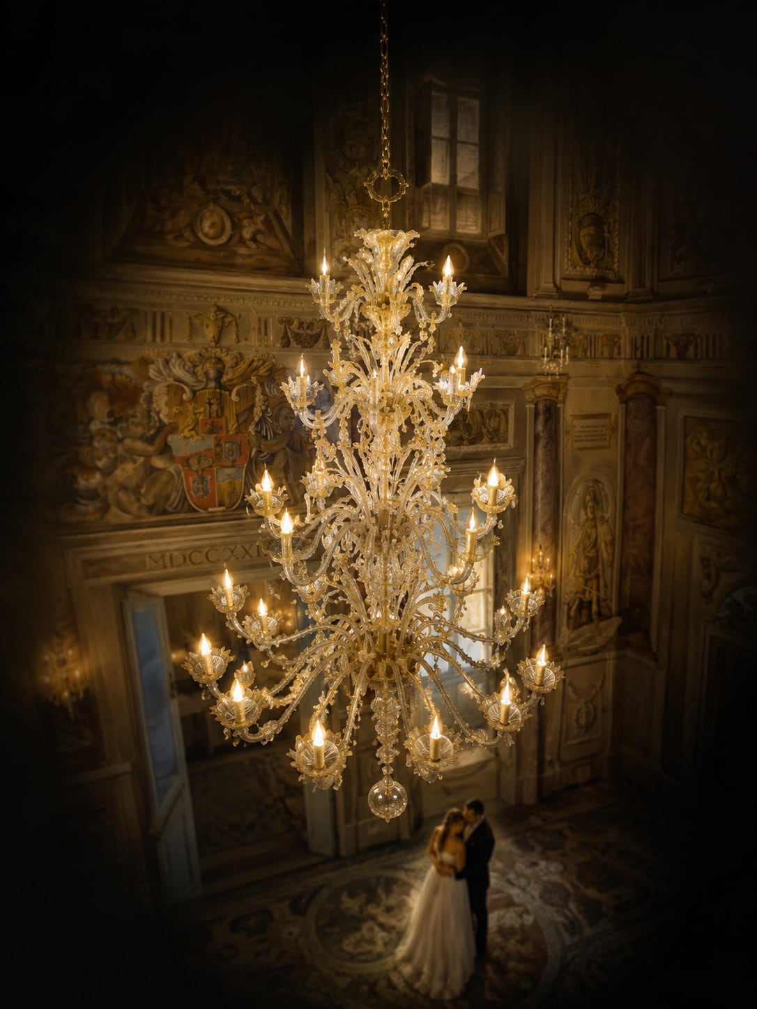 Un lampadario di Murano acceso in uno dei saloni affrescati