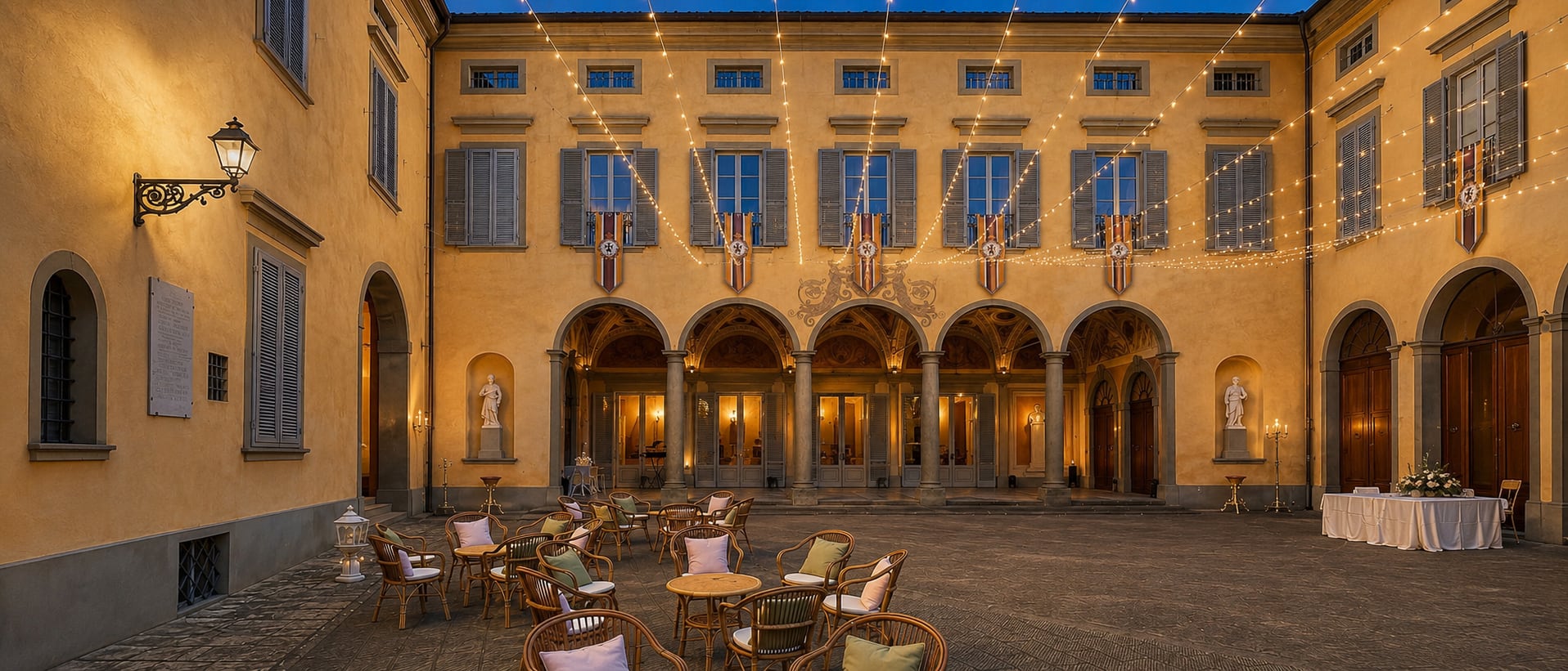 Il cortile d'onore sotto le luci sospese, all'ora blu